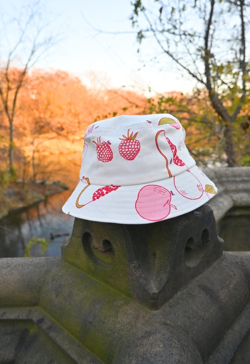 printed red ants on apples, papaya, oranges, raspberries, and pears bucket hat