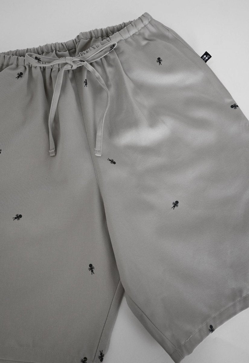 HO HOS HOLE IN THE WALL brand Custom print "Ants on Your Pants" pull-on shorts in Pearl Grey dye colorway