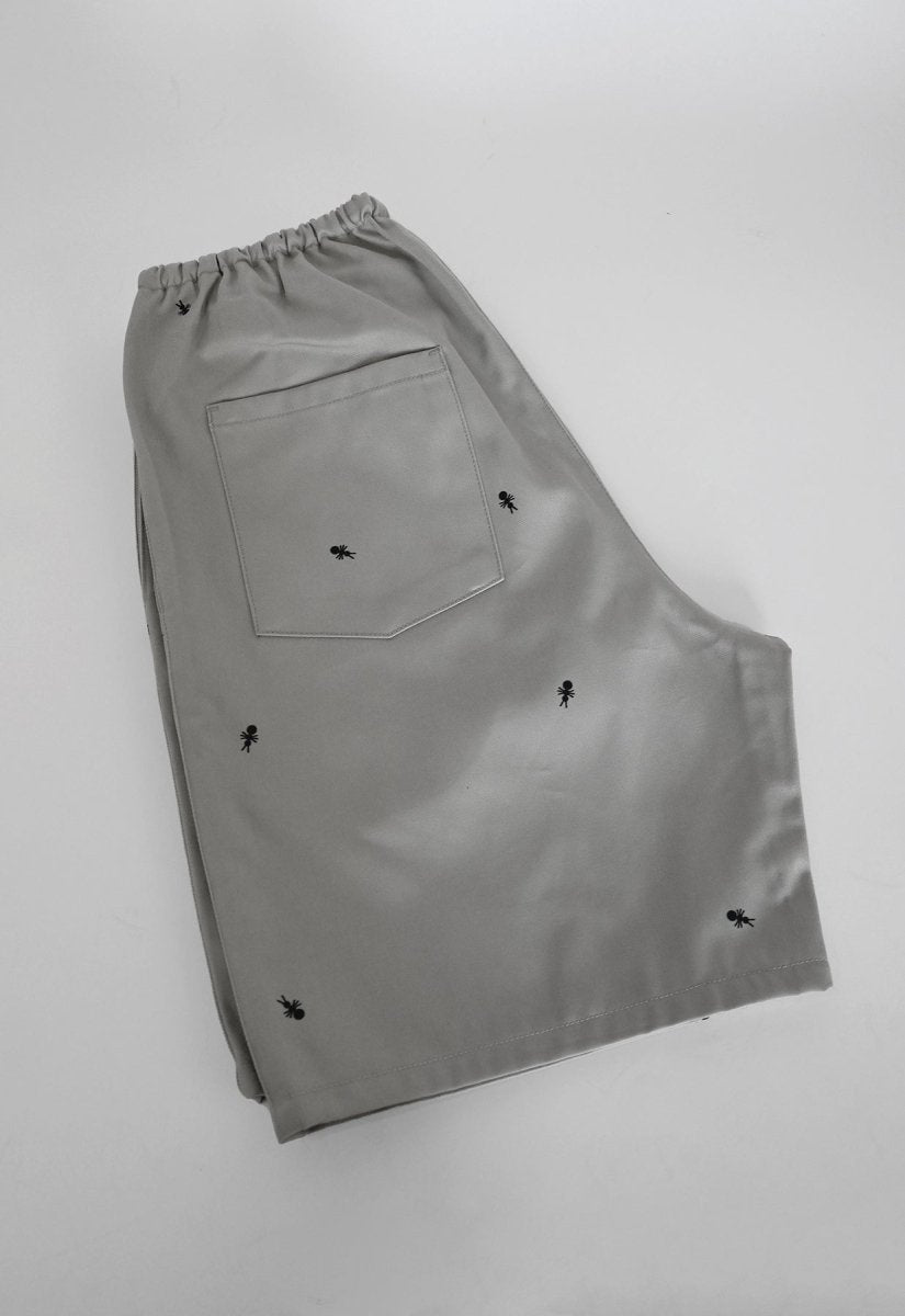 HO HOS HOLE IN THE WALL brand Custom print "Ants on Your Pants" pull-on shorts in Pearl Grey dye colorway